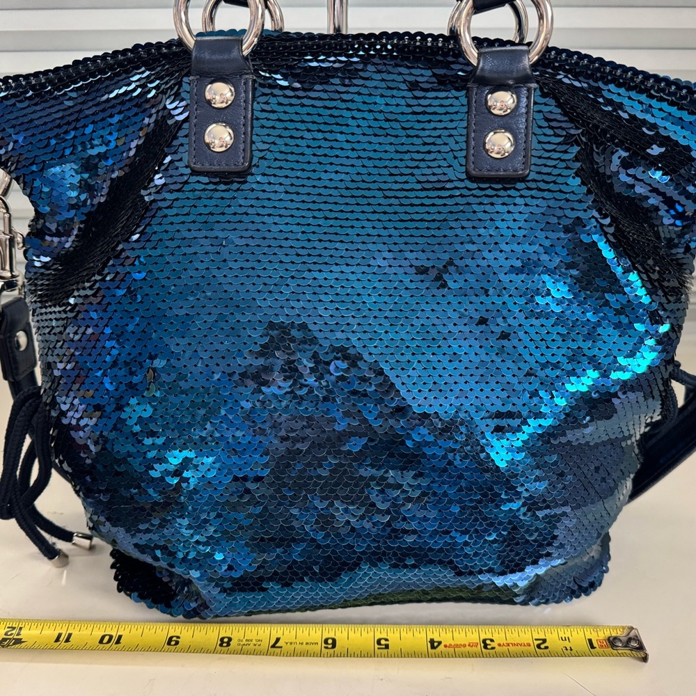 Sequined Navy Blue Women’s Tote Bag with Front Pockets - Picture 3 of 7